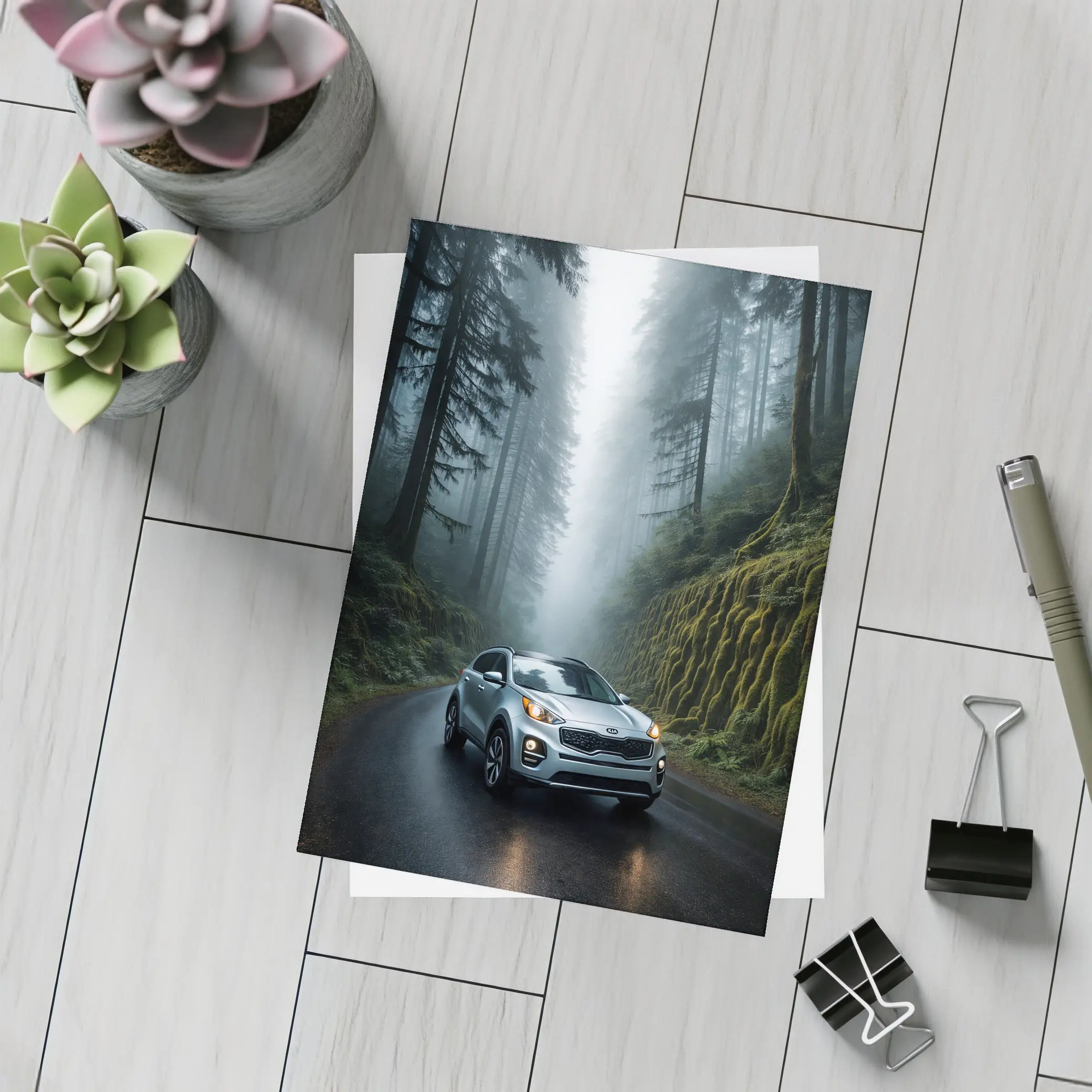 Kia Sportage Silver SUV Misty Forest Road – Postcards