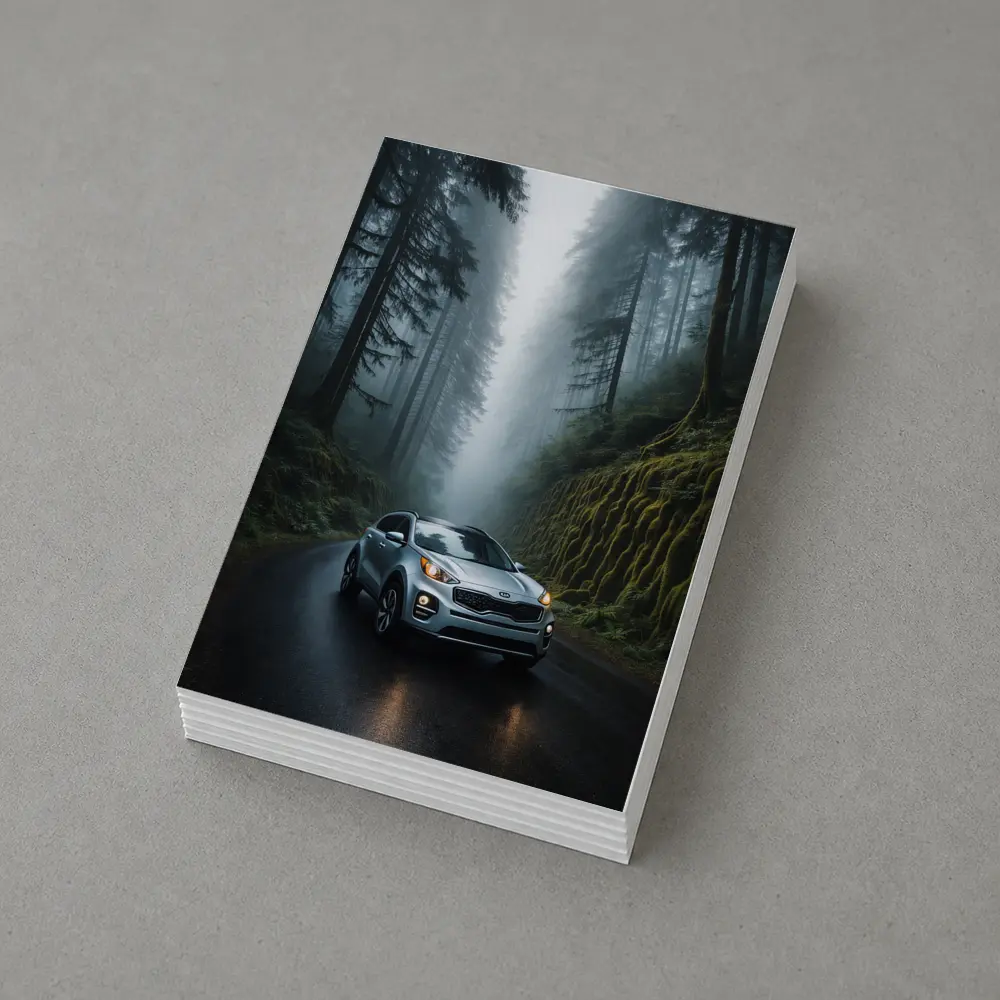 Kia Sportage Silver SUV Misty Forest Road – Postcards