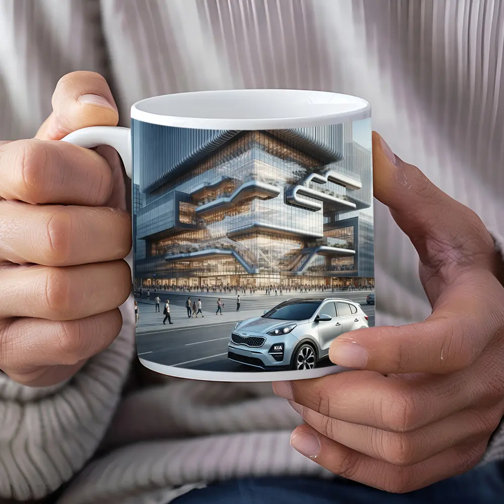 Kia Sportage SUV Modern City Building Background – Mugs