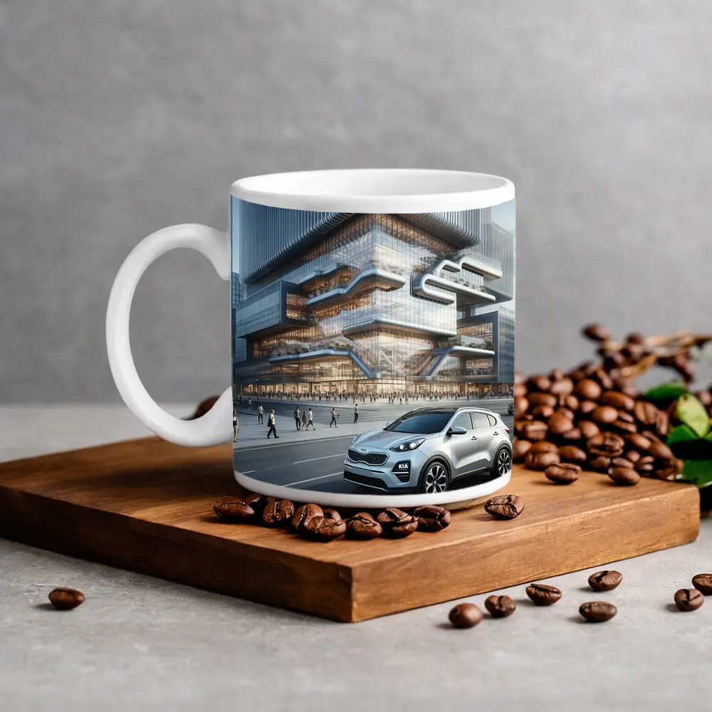 Kia Sportage SUV Modern City Building Background – Mugs