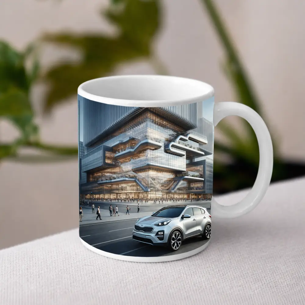 Kia Sportage SUV Modern City Building Background – Mugs