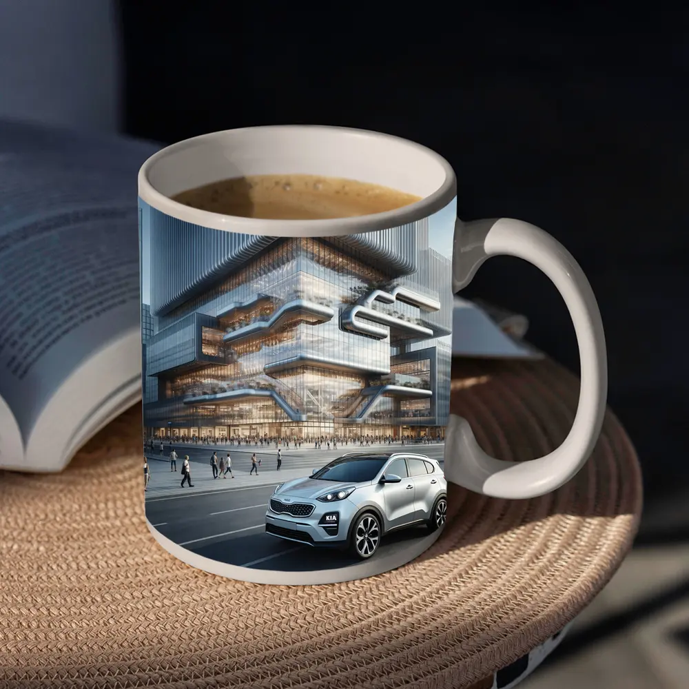 Kia Sportage SUV Modern City Building Background – Mugs