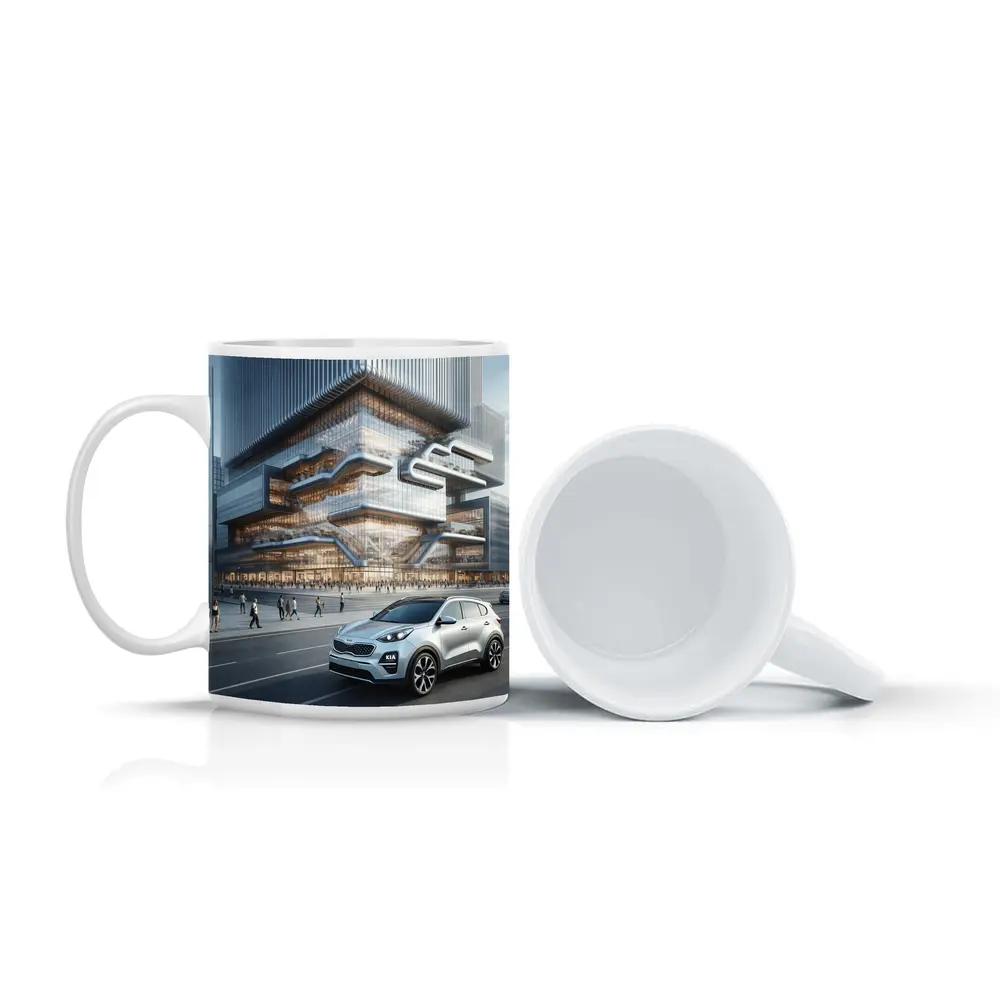 Kia Sportage SUV Modern City Building Background – Mugs