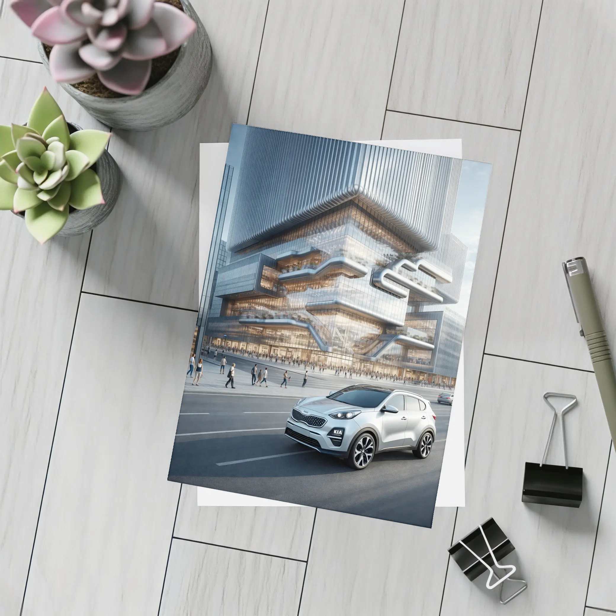 Kia Sportage SUV Modern City Building Background – Postcards
