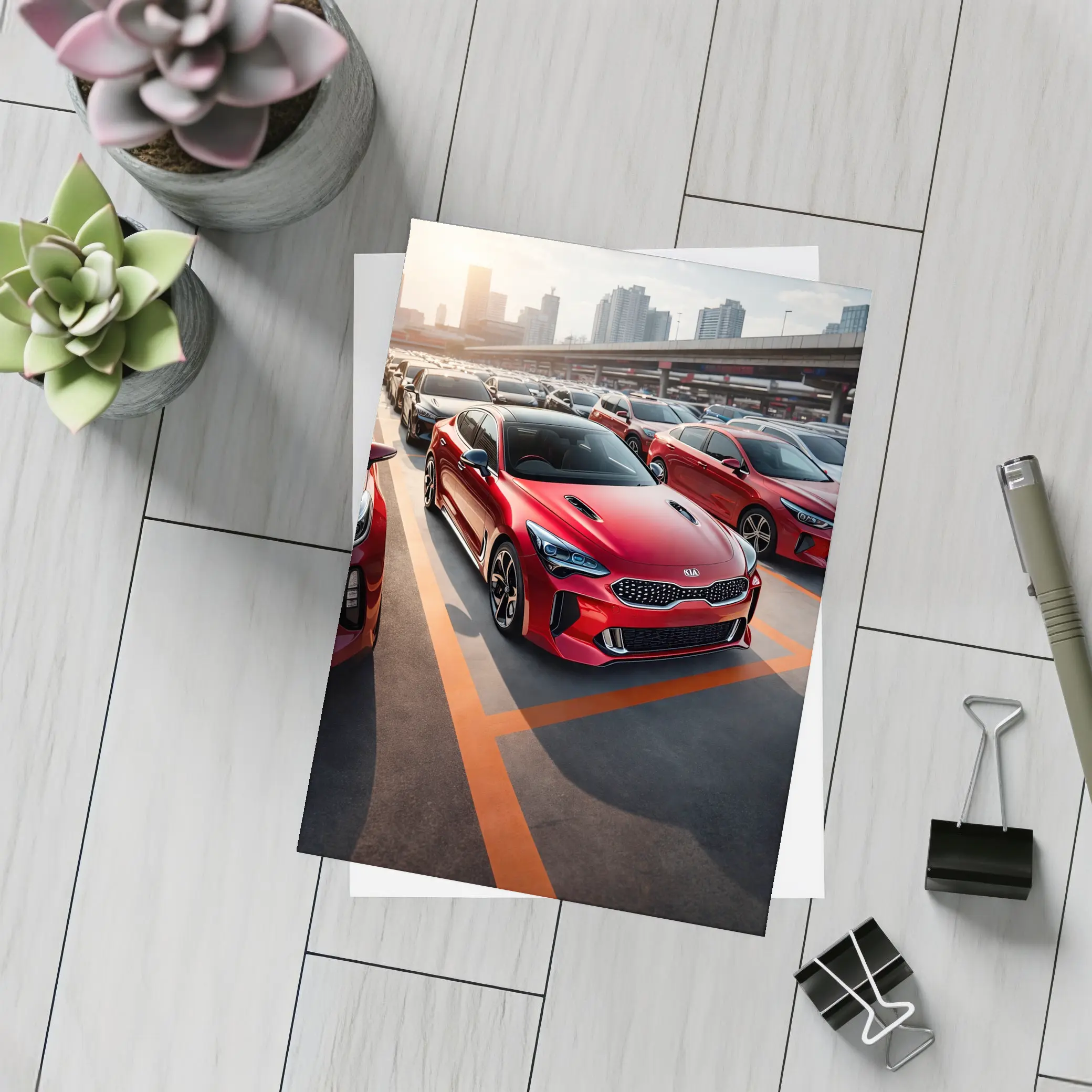 Kia Stinger Red Car Urban City Background – Postcards