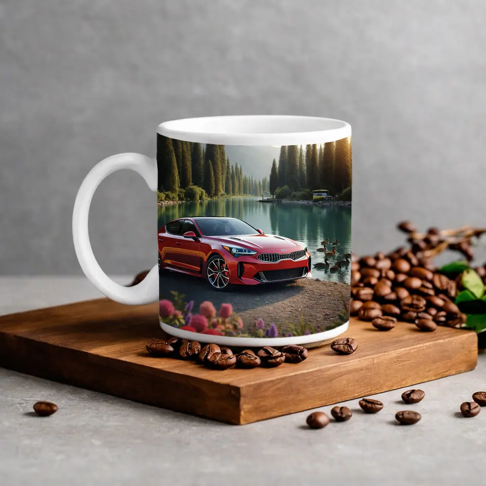 Kia Stinger Red Sports Sedan Lake Setting – Mugs