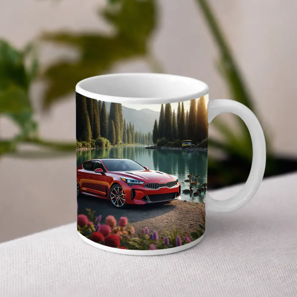 Kia Stinger Red Sports Sedan Lake Setting – Mugs