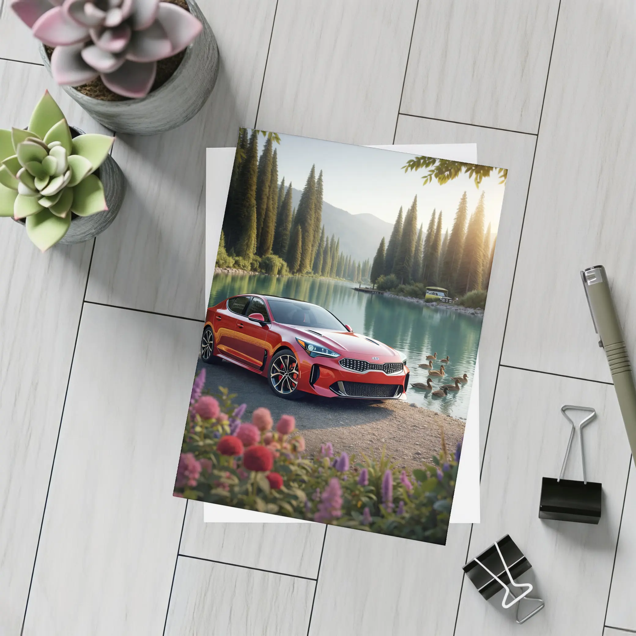 Kia Stinger Red Sports Sedan Lake Setting – Postcards