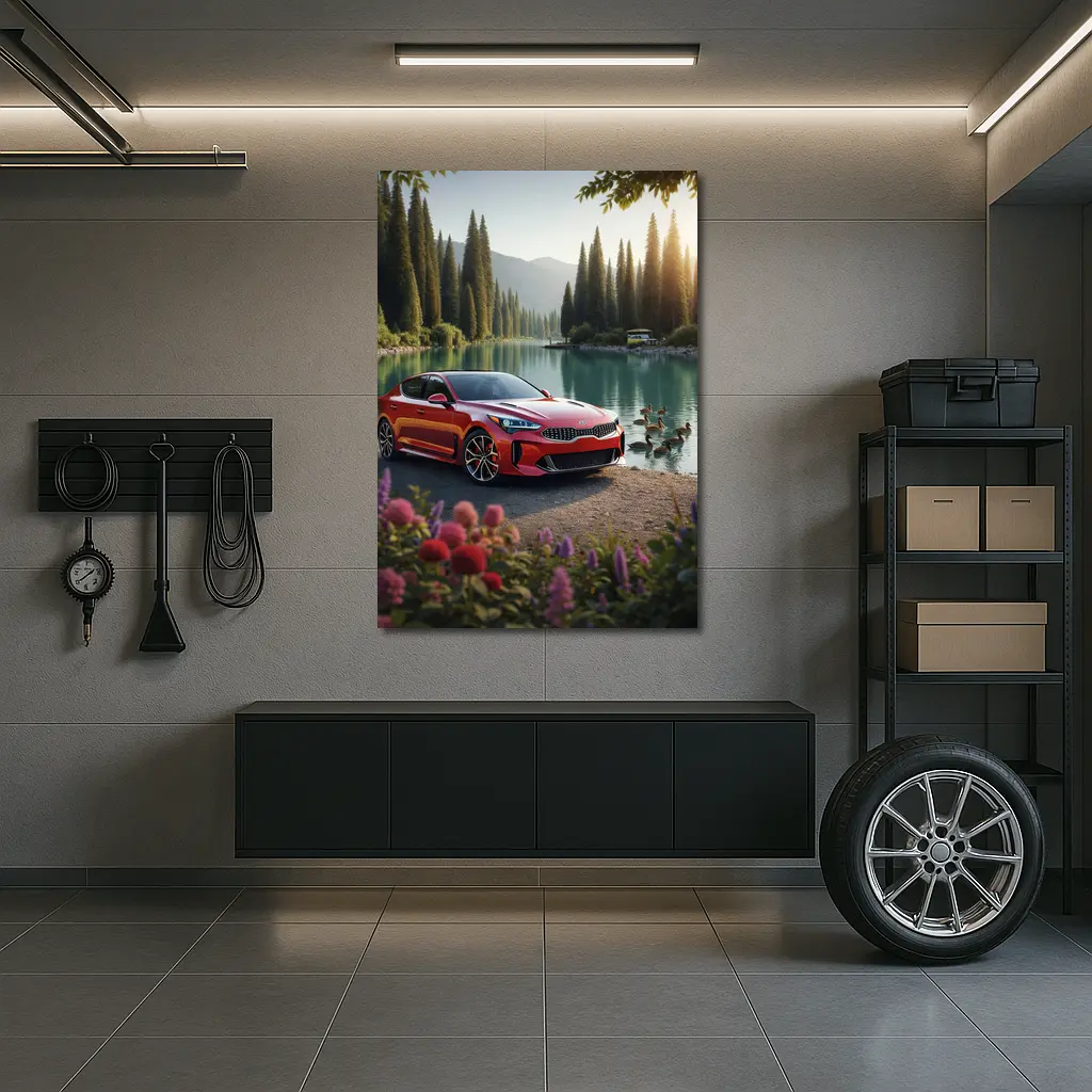 Kia Stinger Red Sports Sedan Lake Setting – Wall Art
