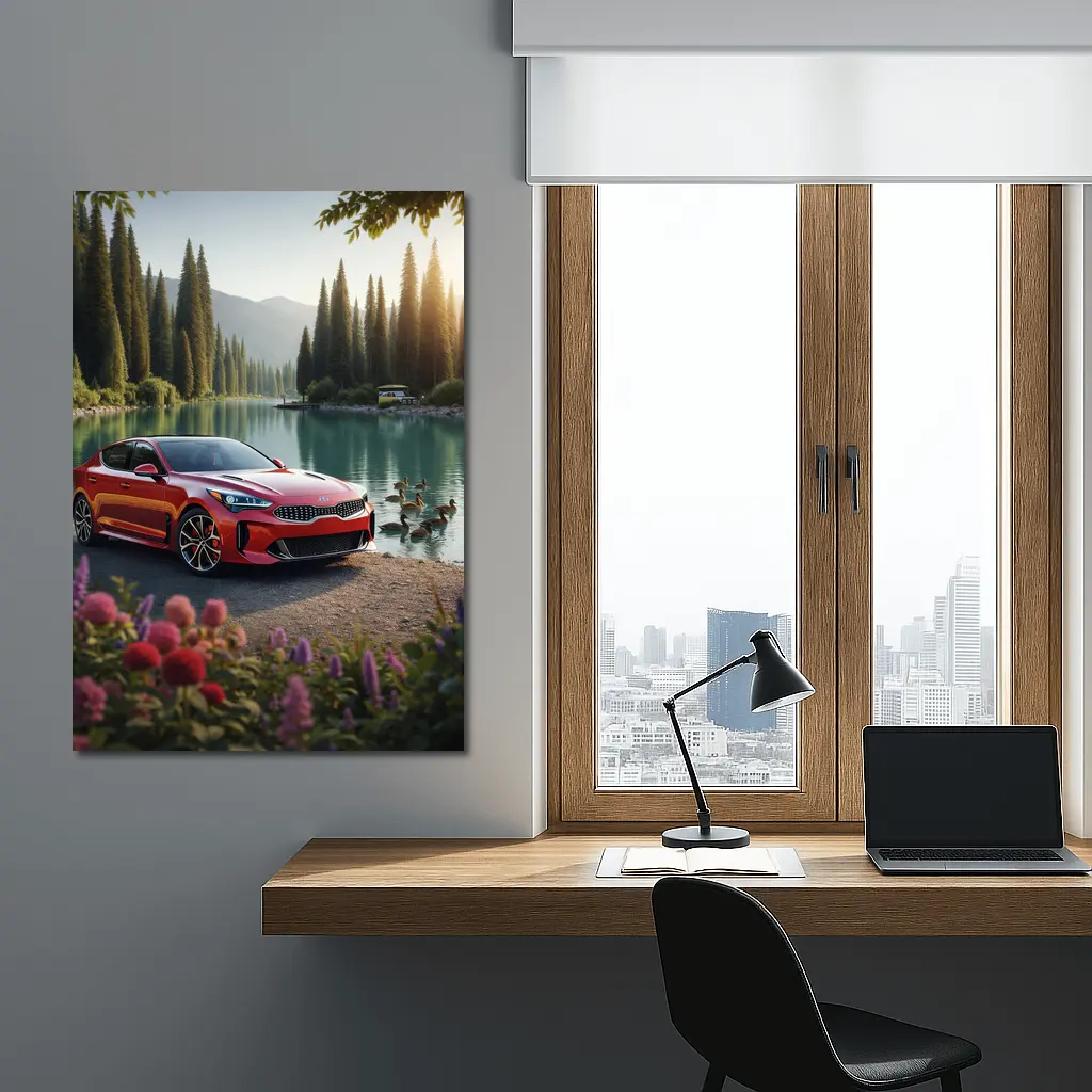 Kia Stinger Red Sports Sedan Lake Setting – Wall Art