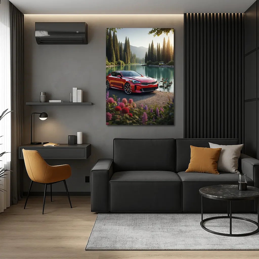 Kia Stinger Red Sports Sedan Lake Setting – Wall Art