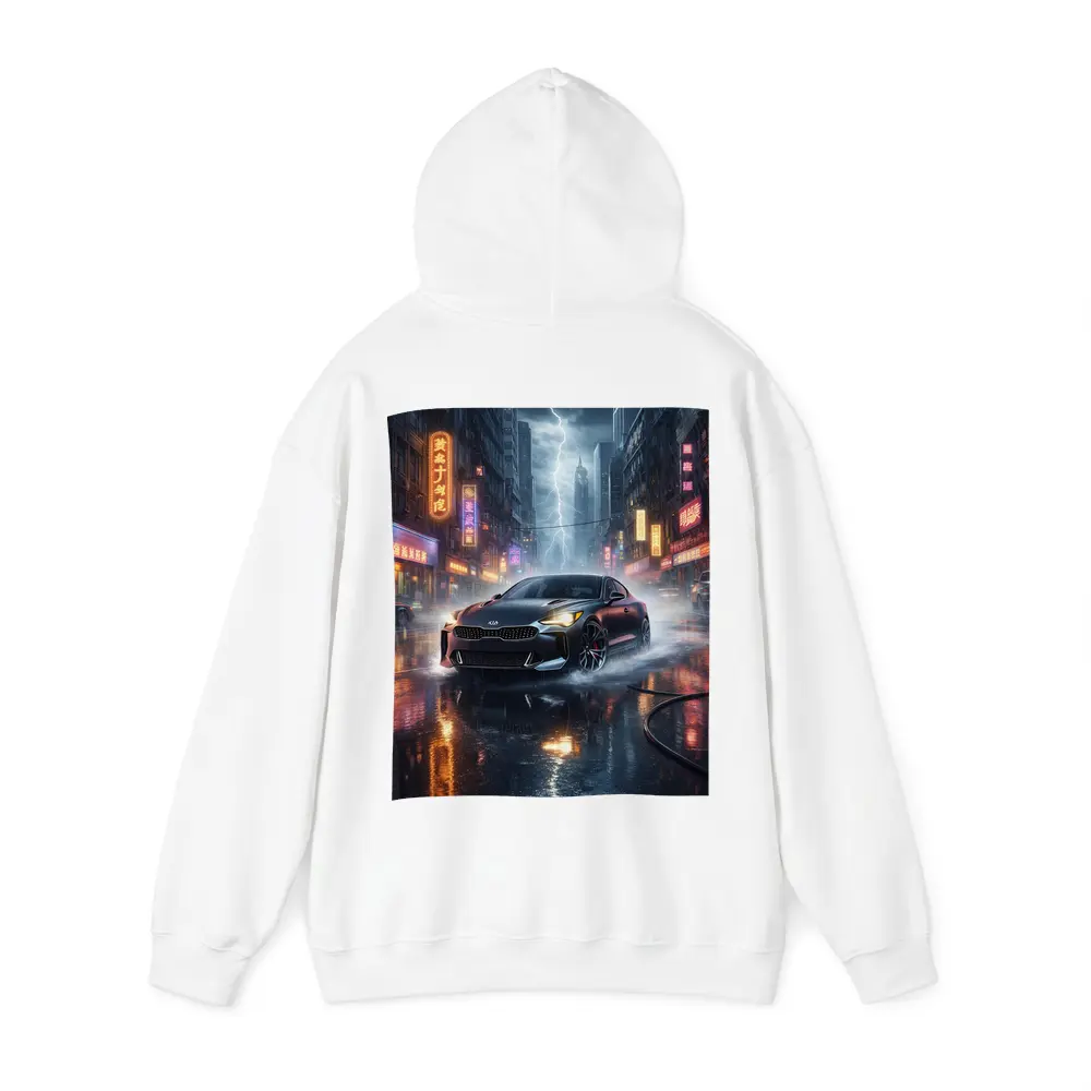 Kia Stinger Racing Through Neon Thunderstorm City – Hoodies