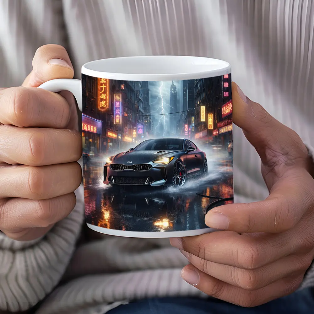 Kia Stinger Racing Through Neon Thunderstorm City – Mugs