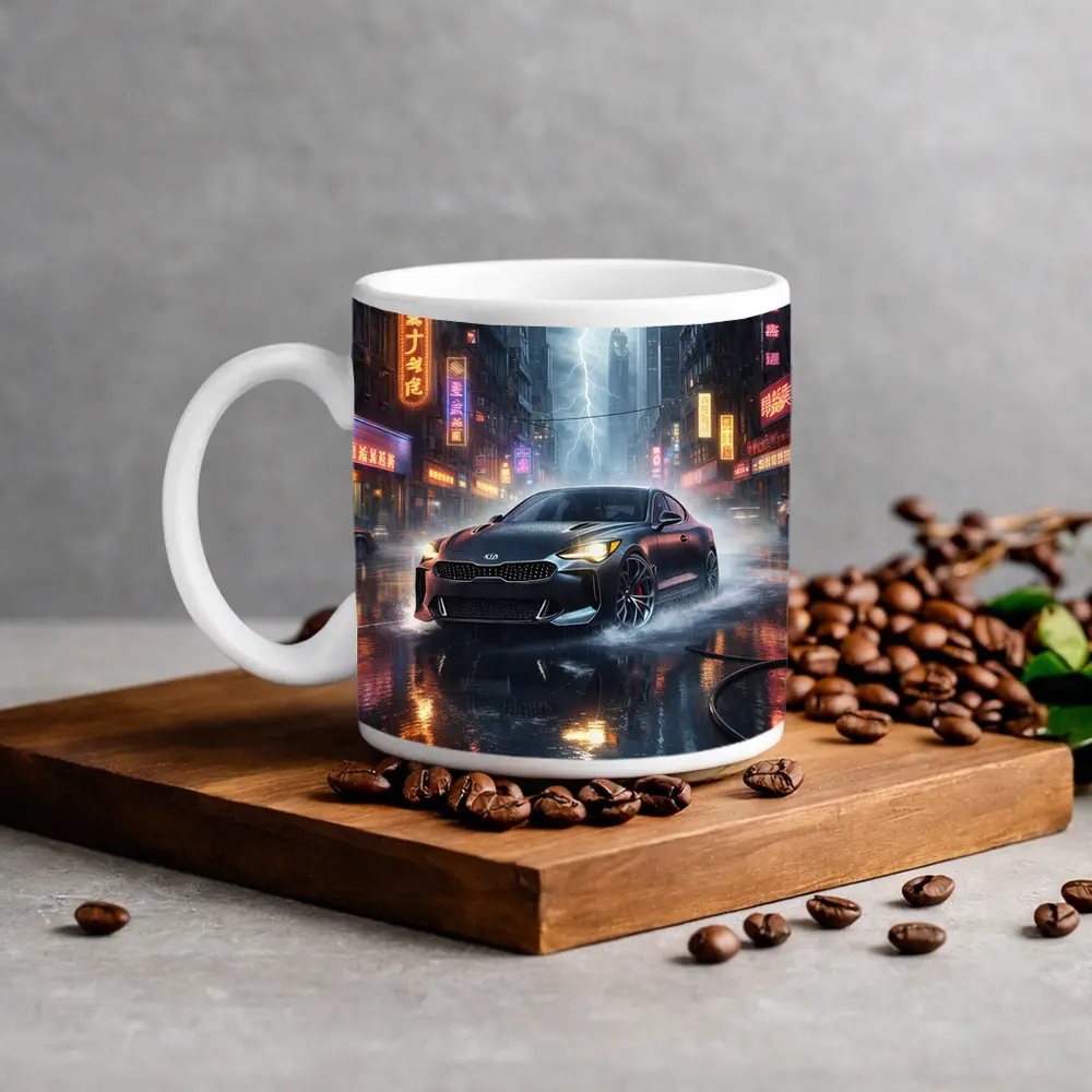 Kia Stinger Racing Through Neon Thunderstorm City – Mugs