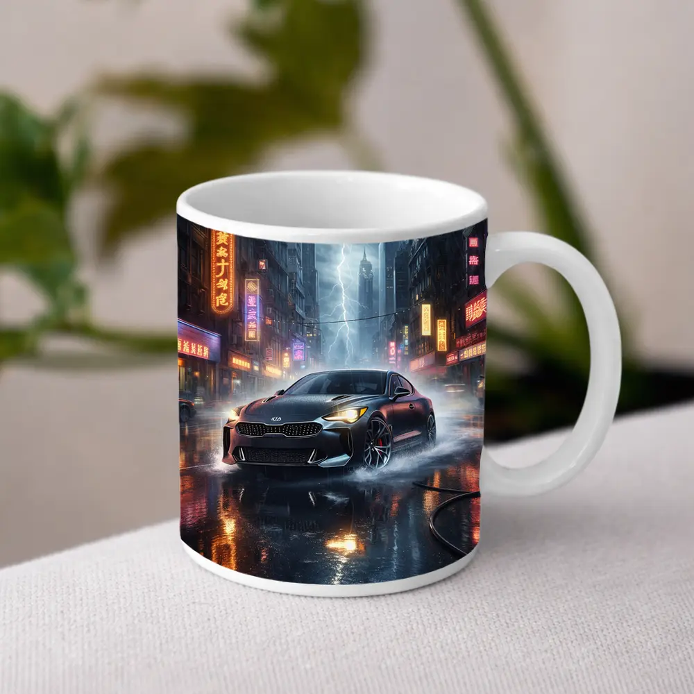 Kia Stinger Racing Through Neon Thunderstorm City – Mugs