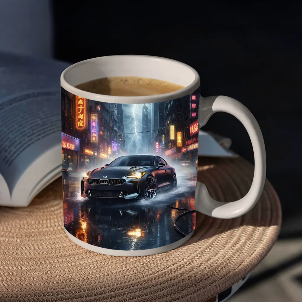 Kia Stinger Racing Through Neon Thunderstorm City – Mugs