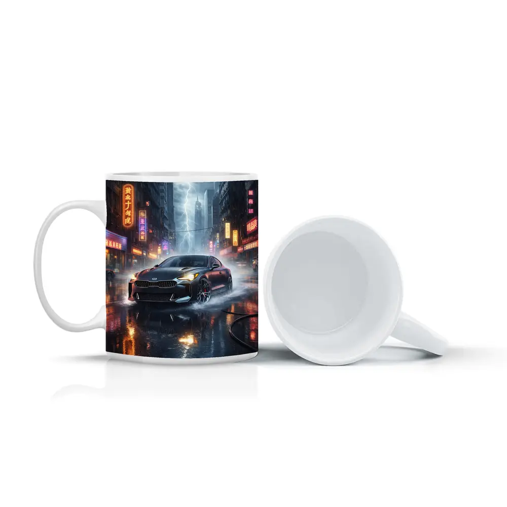Kia Stinger Racing Through Neon Thunderstorm City – Mugs