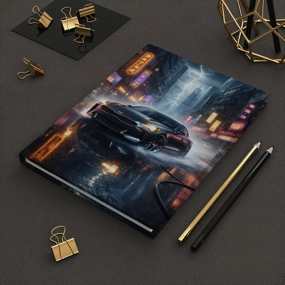 Kia Stinger Racing Through Neon Thunderstorm City – Notebooks