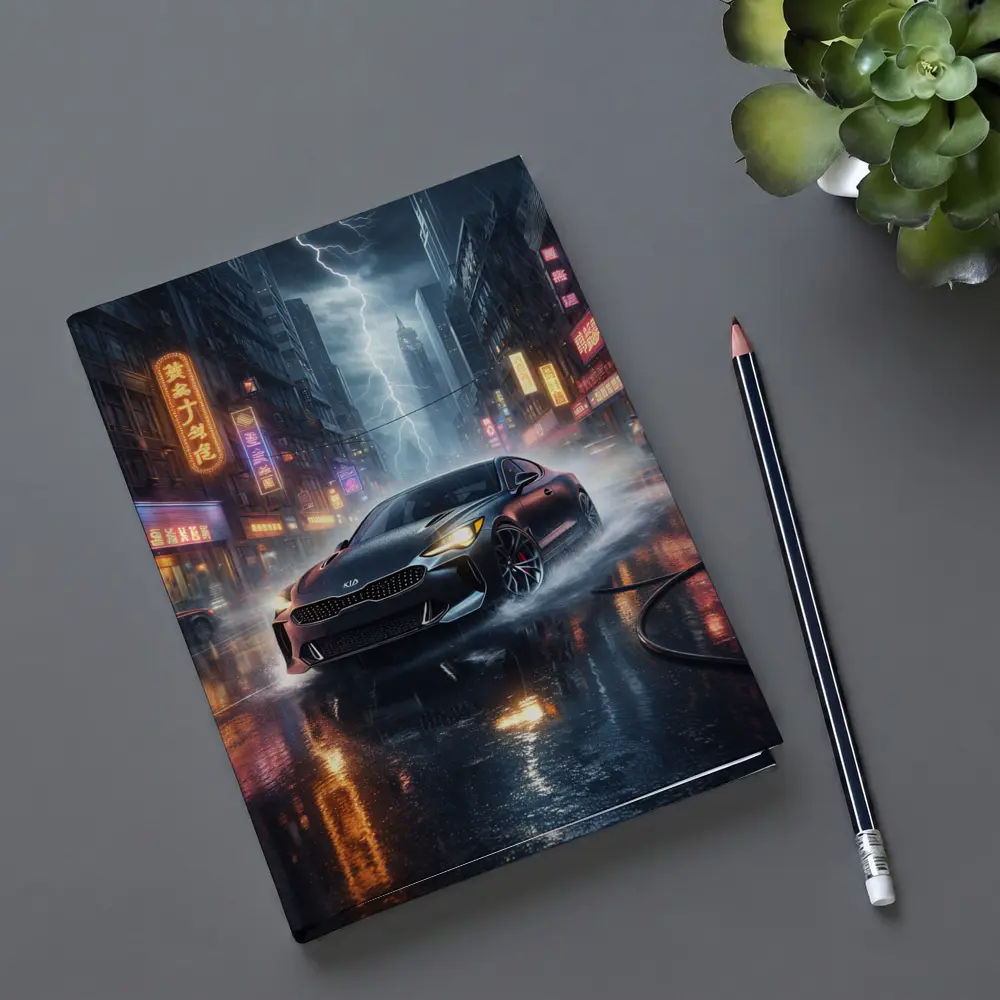 Kia Stinger Racing Through Neon Thunderstorm City – Notebooks