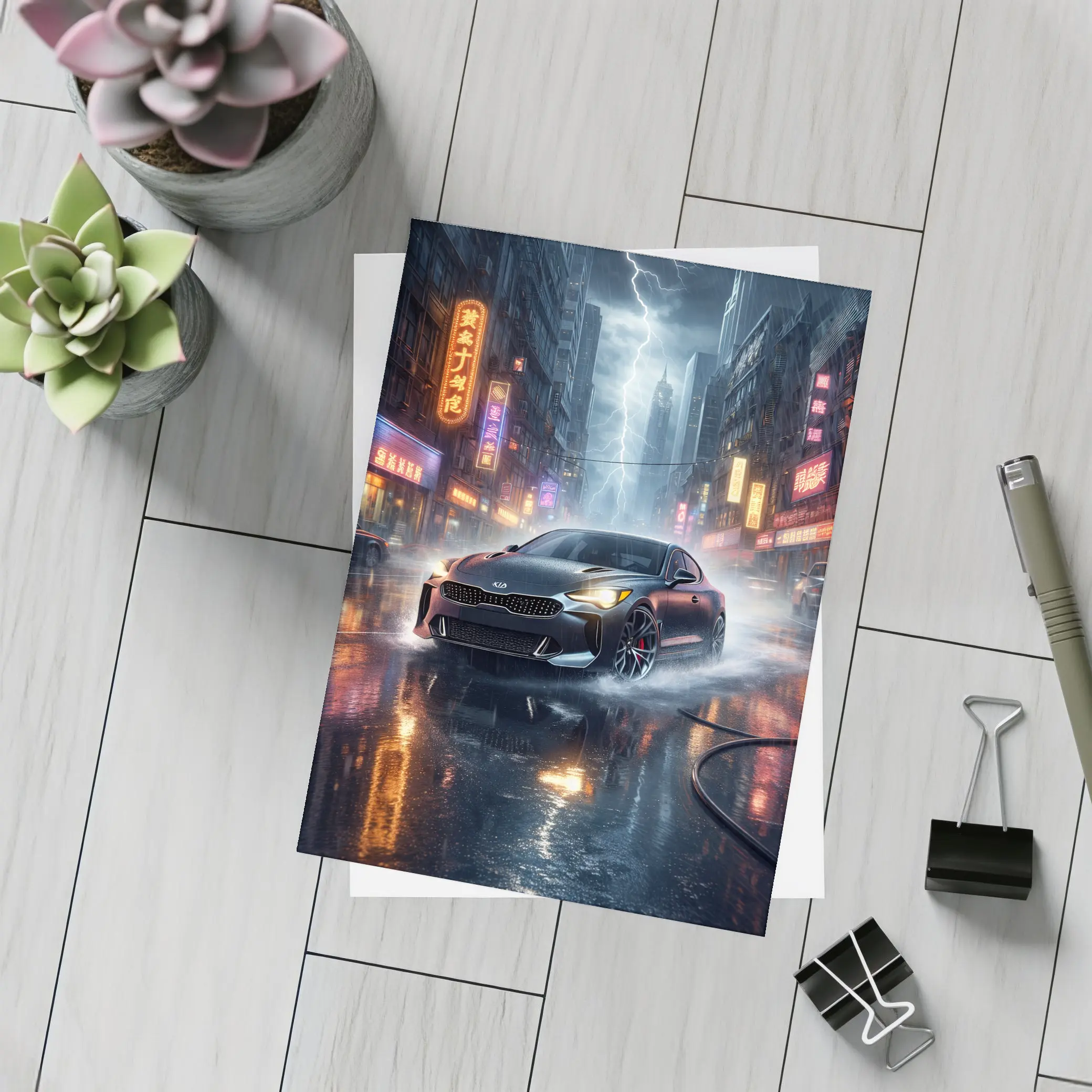 Kia Stinger Racing Through Neon Thunderstorm City – Postcards