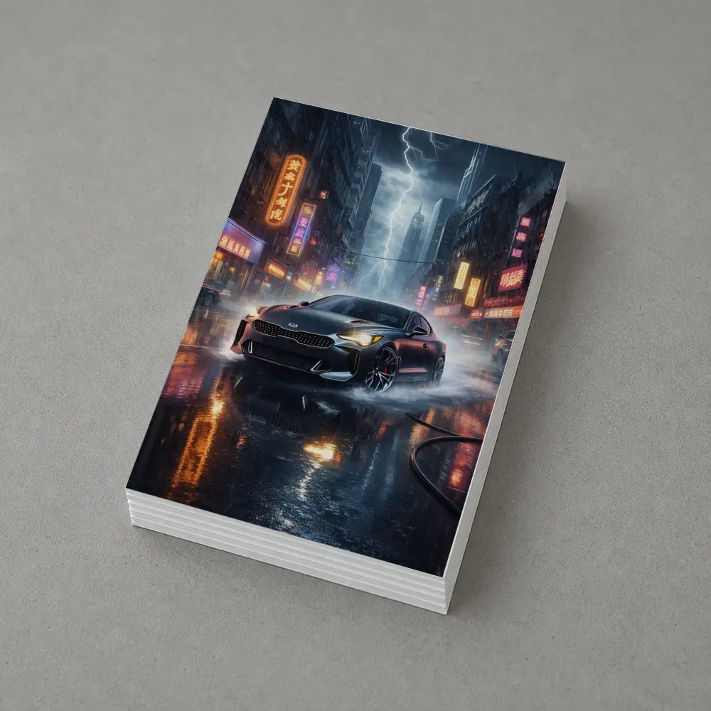 Kia Stinger Racing Through Neon Thunderstorm City – Postcards