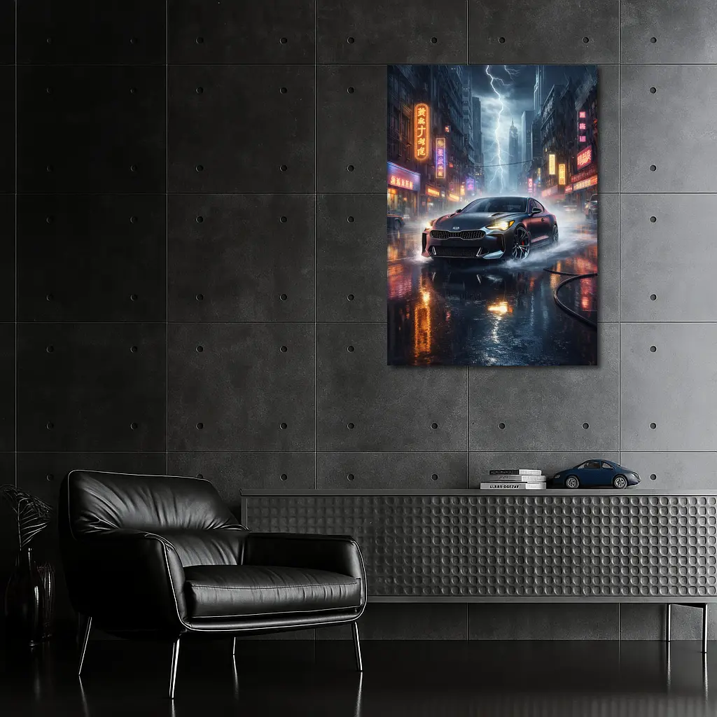 Kia Stinger Racing Through Neon Thunderstorm City – Wall Art