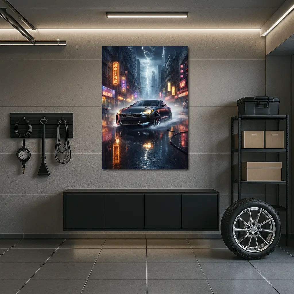 Kia Stinger Racing Through Neon Thunderstorm City – Wall Art