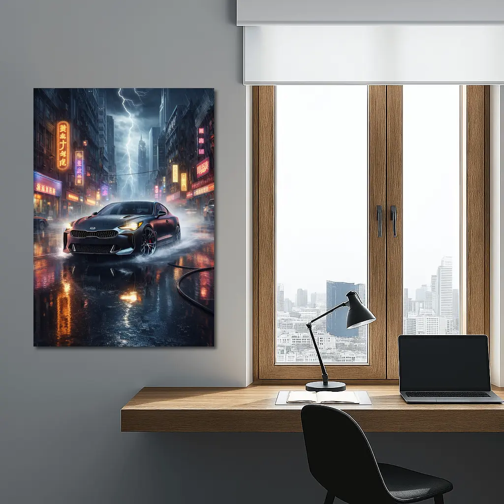 Kia Stinger Racing Through Neon Thunderstorm City – Wall Art