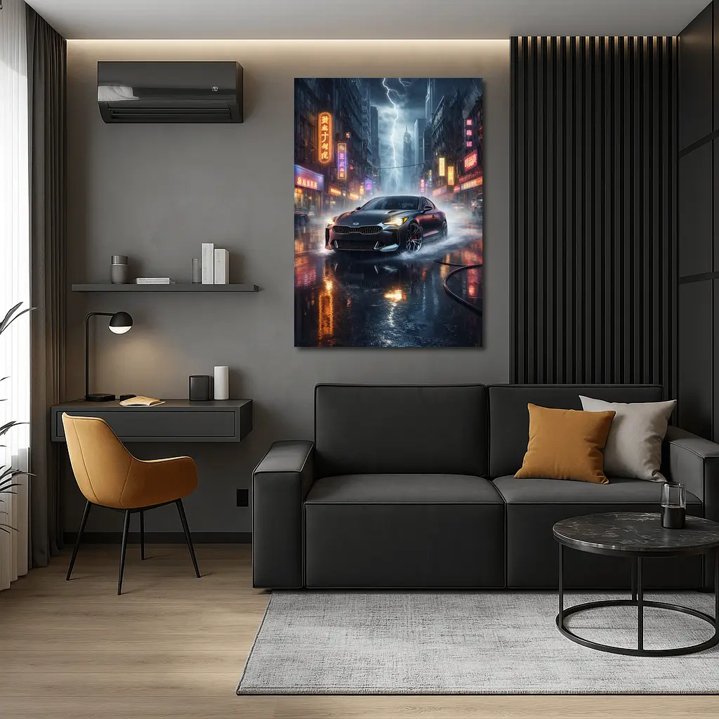 Kia Stinger Racing Through Neon Thunderstorm City – Wall Art
