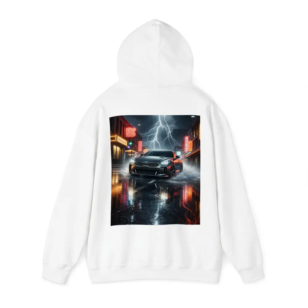 Kia Stinger Thunderstorm Rainy Neon City Street – Hoodies