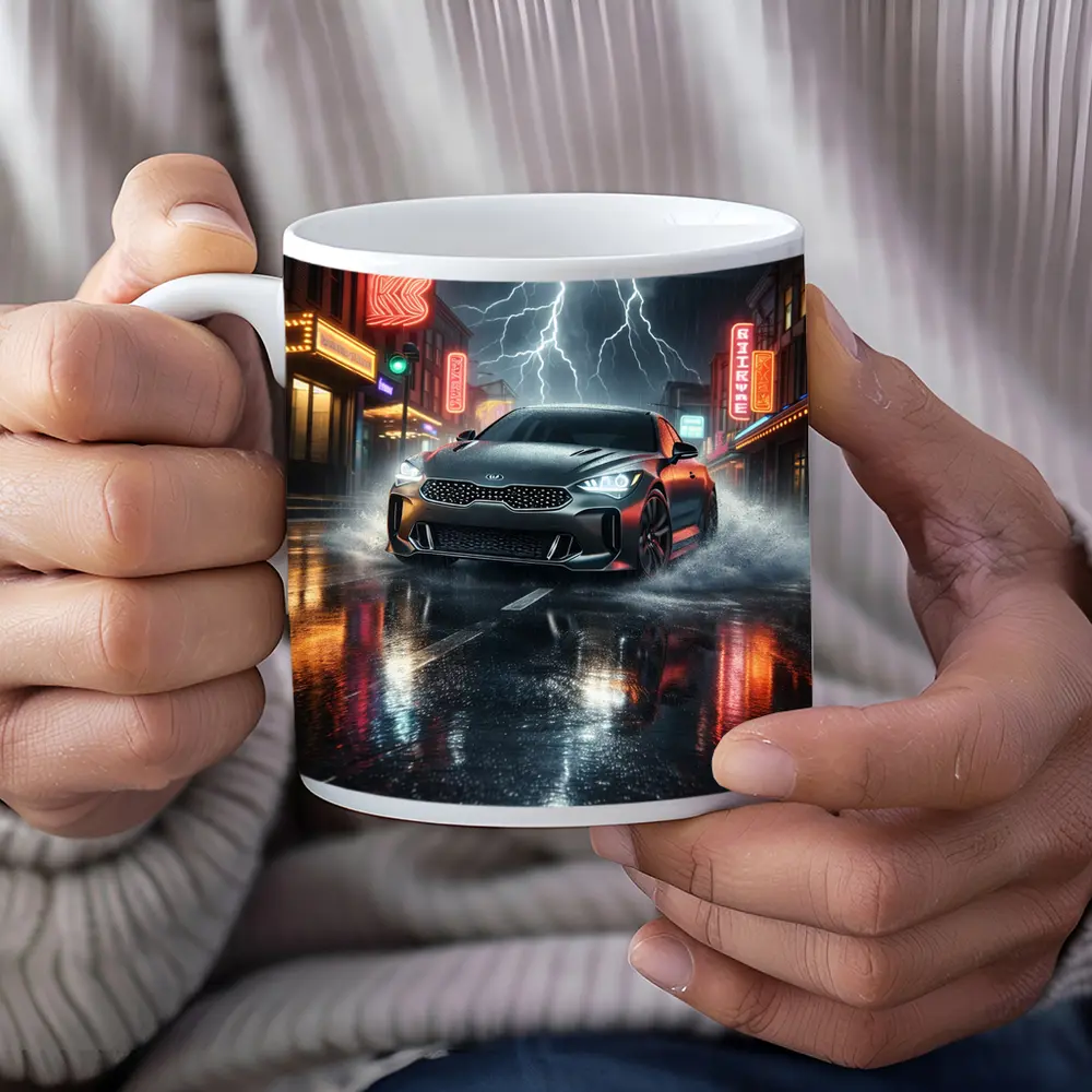 Kia Stinger Thunderstorm Rainy Neon City Street – Mugs