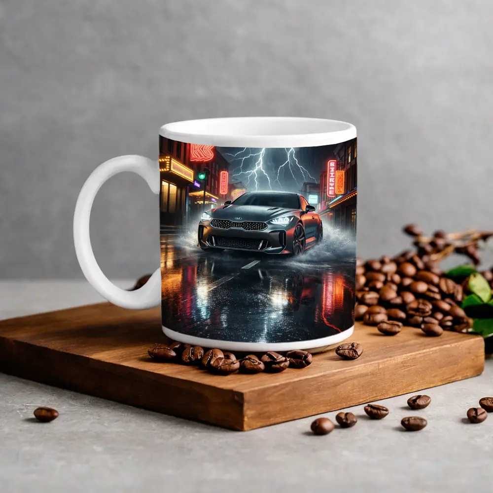Kia Stinger Thunderstorm Rainy Neon City Street – Mugs