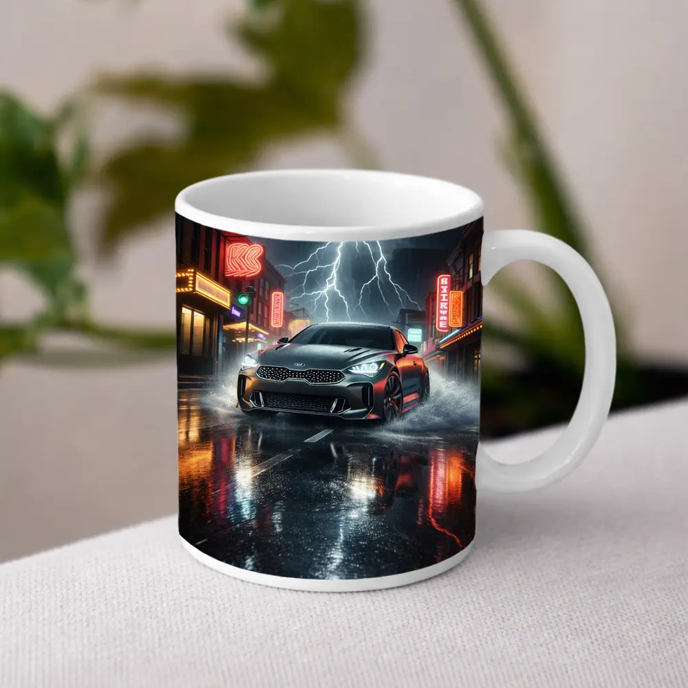 Kia Stinger Thunderstorm Rainy Neon City Street – Mugs