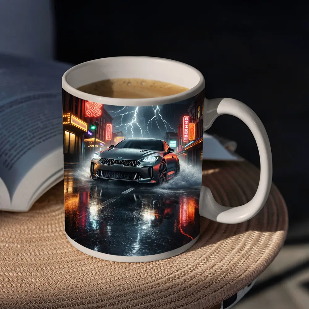 Kia Stinger Thunderstorm Rainy Neon City Street – Mugs