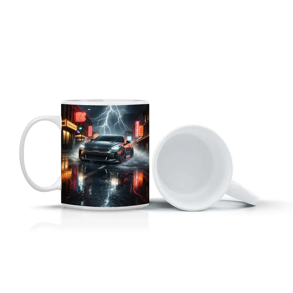 Kia Stinger Thunderstorm Rainy Neon City Street – Mugs