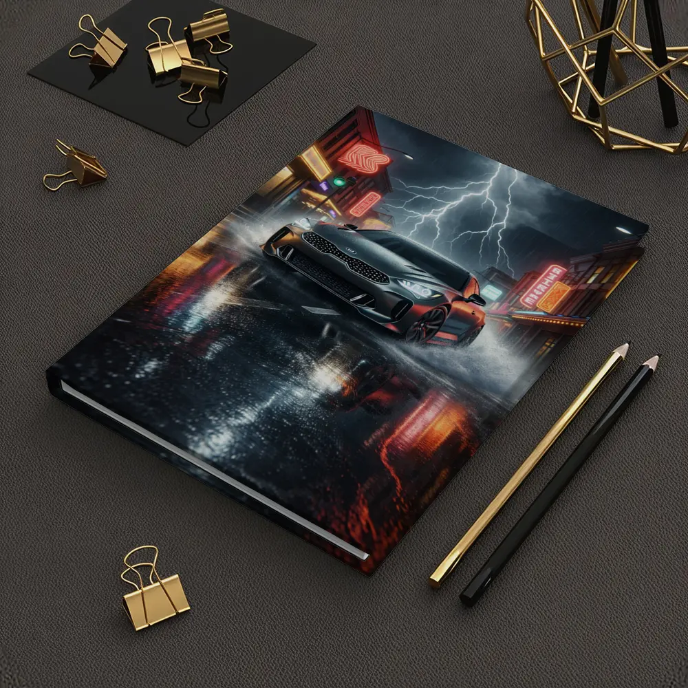 Kia Stinger Thunderstorm Rainy Neon City Street – Notebooks