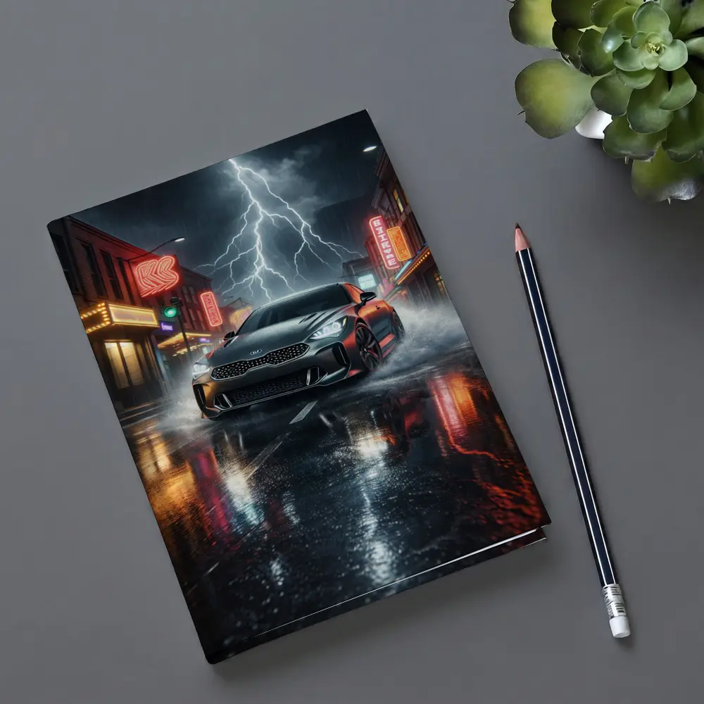 Kia Stinger Thunderstorm Rainy Neon City Street – Notebooks