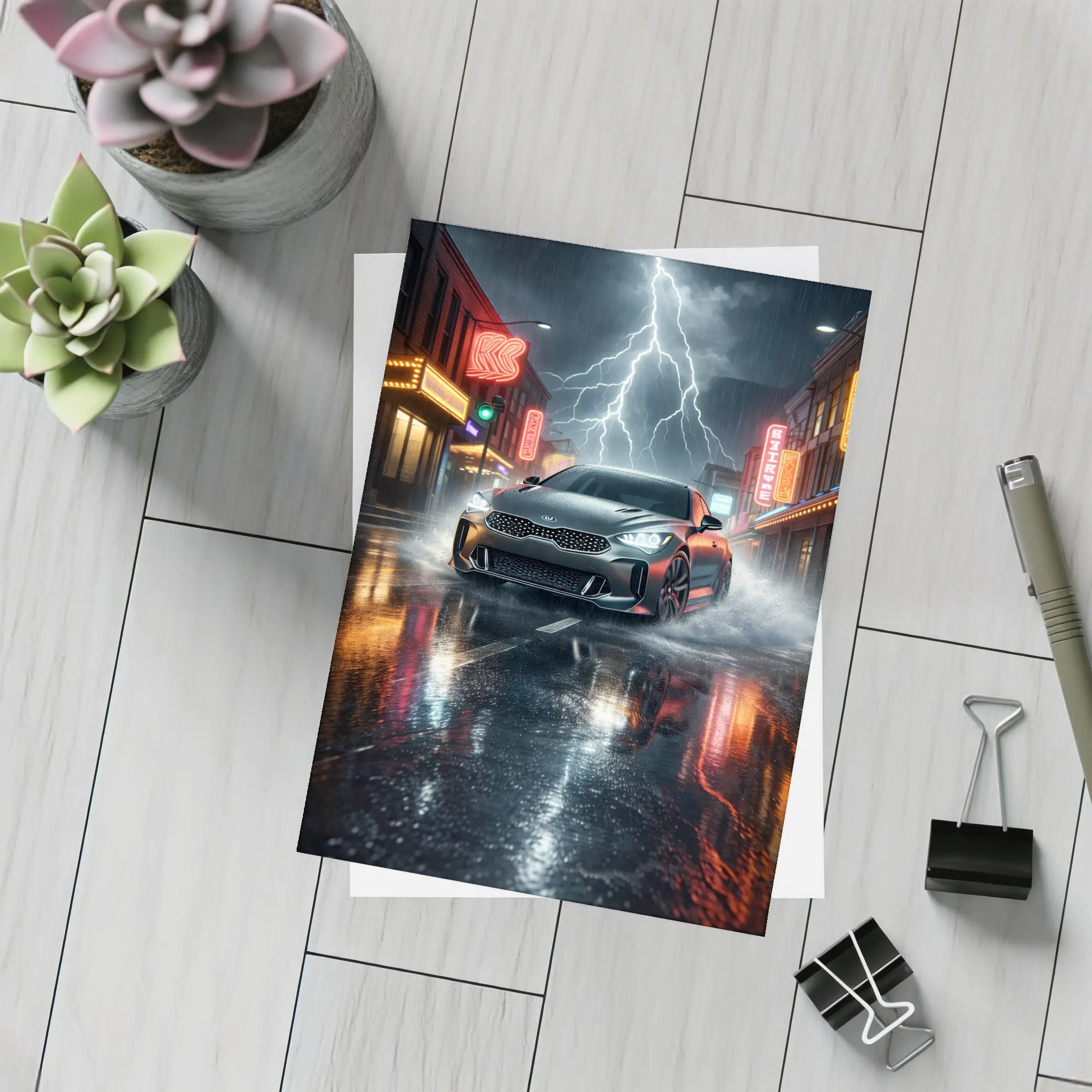 Kia Stinger Thunderstorm Rainy Neon City Street – Postcards