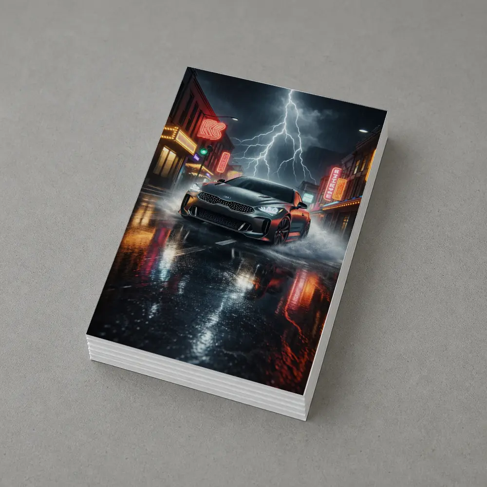 Kia Stinger Thunderstorm Rainy Neon City Street – Postcards