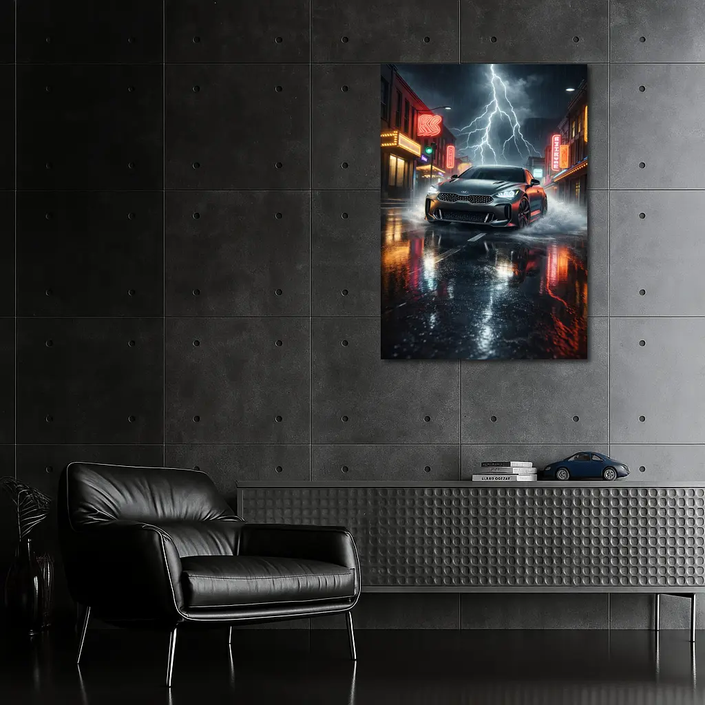 Kia Stinger Thunderstorm Rainy Neon City Street – Wall Art