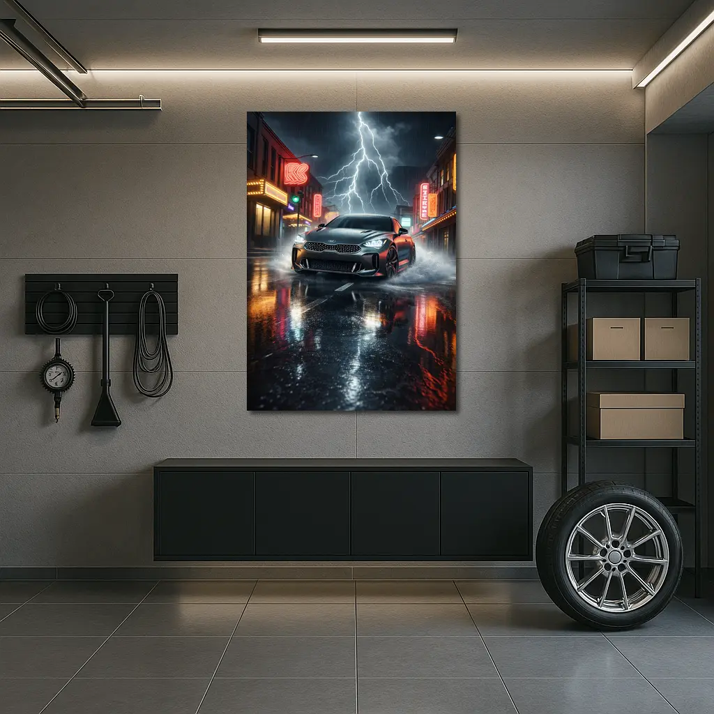 Kia Stinger Thunderstorm Rainy Neon City Street – Wall Art