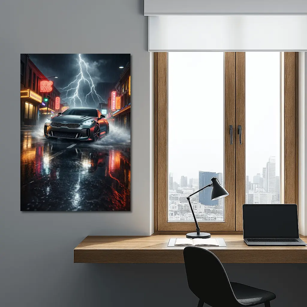 Kia Stinger Thunderstorm Rainy Neon City Street – Wall Art