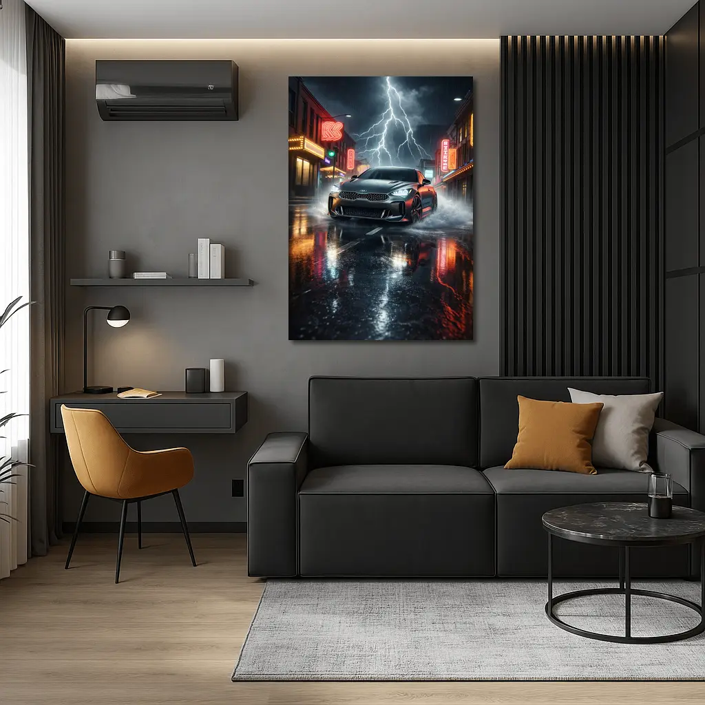 Kia Stinger Thunderstorm Rainy Neon City Street – Wall Art