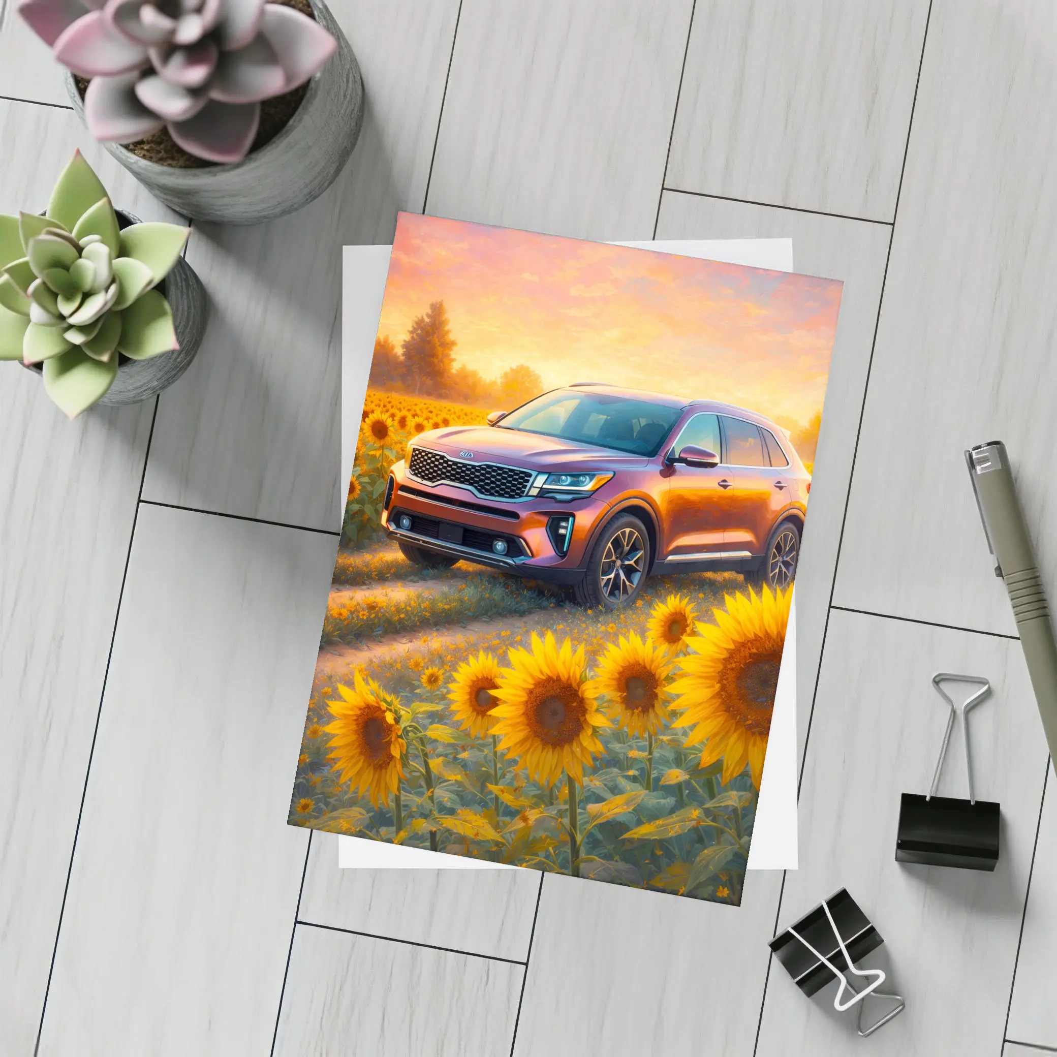 Kia Sorento SUV Sunflower Field Sunset – Postcards