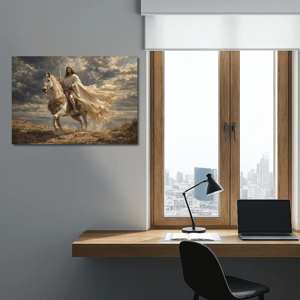 Jesus Riding White Horse Dramatic Sky – Wall Art