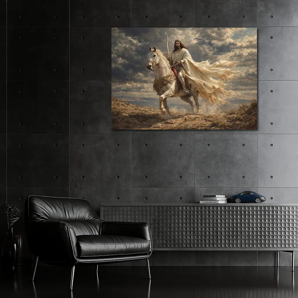 Jesus Riding White Horse Dramatic Sky – Wall Art