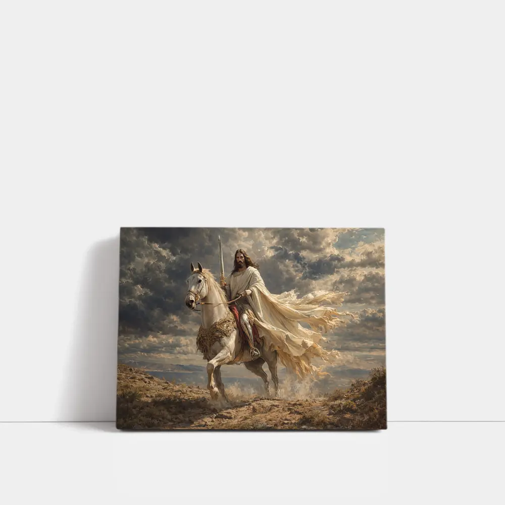 Jesus Riding White Horse Dramatic Sky – Wall Art