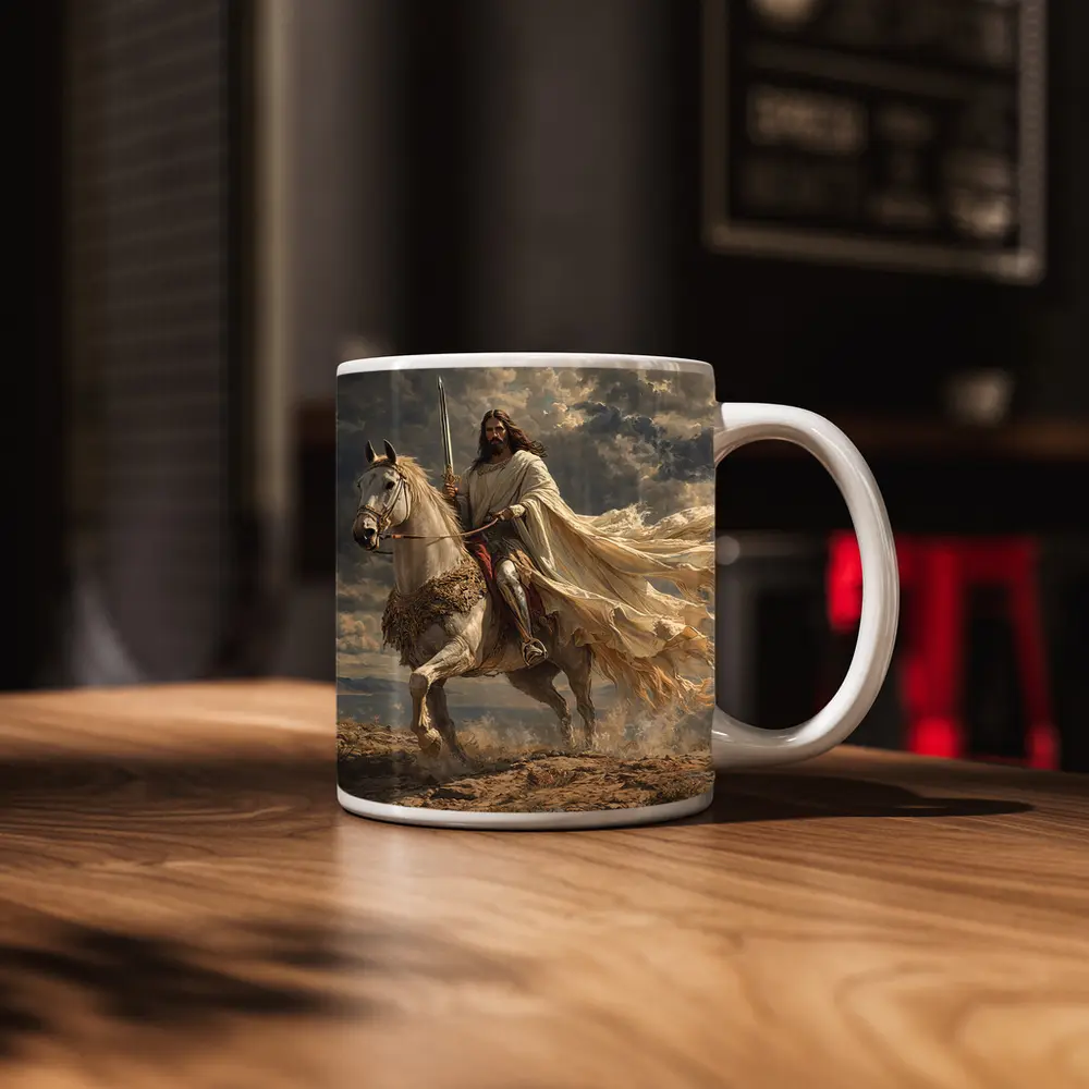 Jesus Riding White Horse Dramatic Sky – Mugs