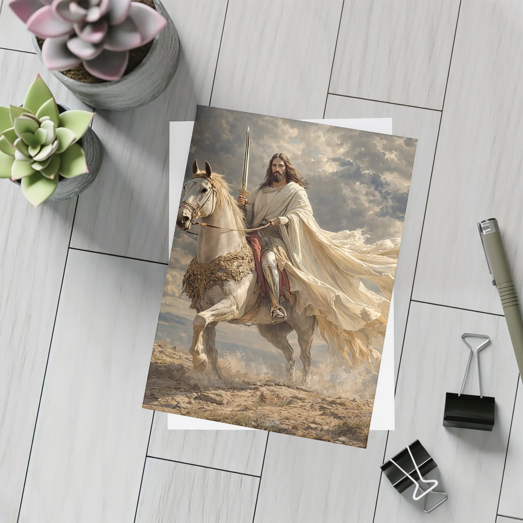 Jesus Riding White Horse Dramatic Sky – Postcards