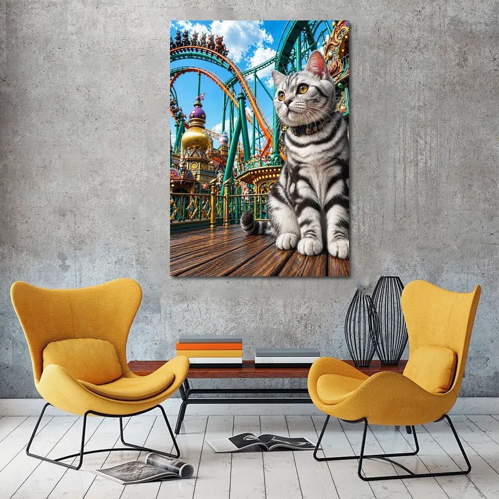 American Shorthair Cat Amusement Park Scene – Wall Art